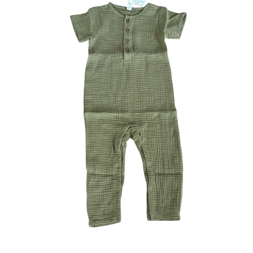 Colored Organics Olive Button-Up Muslin Romper 12-18m